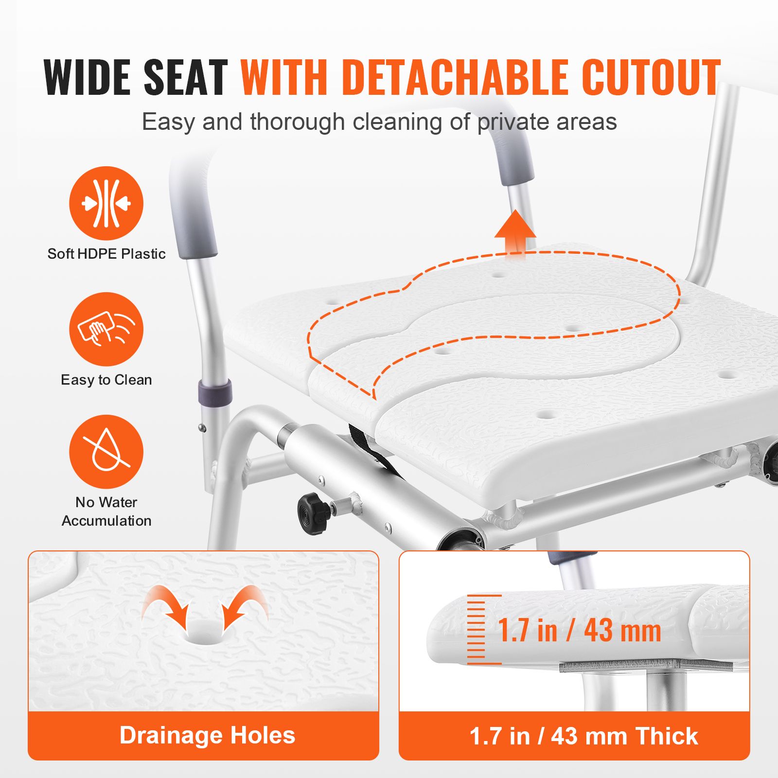 Sliding Tub Transfer Bench Shower Chair & Cut-Out Seat Reversible Backrest — image 3