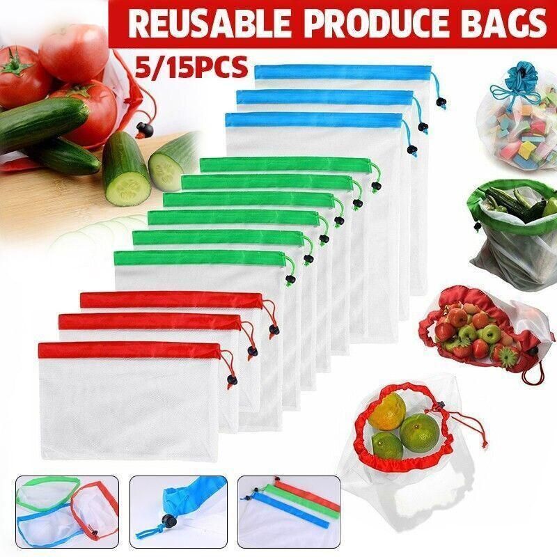 Up 15X Eco Friendly Reusable Mesh Produce Bags Superior Double Stitched Strength - 5PCS Medium Green โ image 2