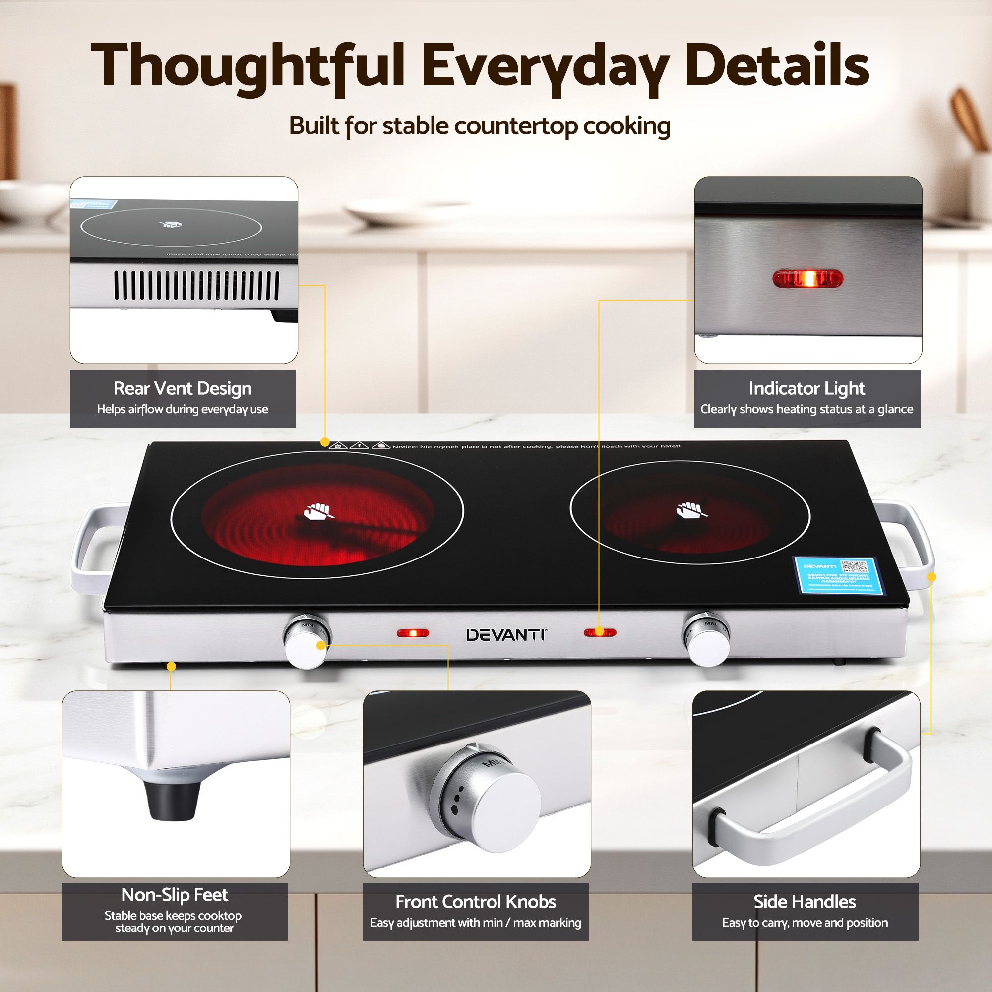 Devanti Portable Ceramic Cooktop Dual Burner Electric Hot Plate 2800W Black โ image 5