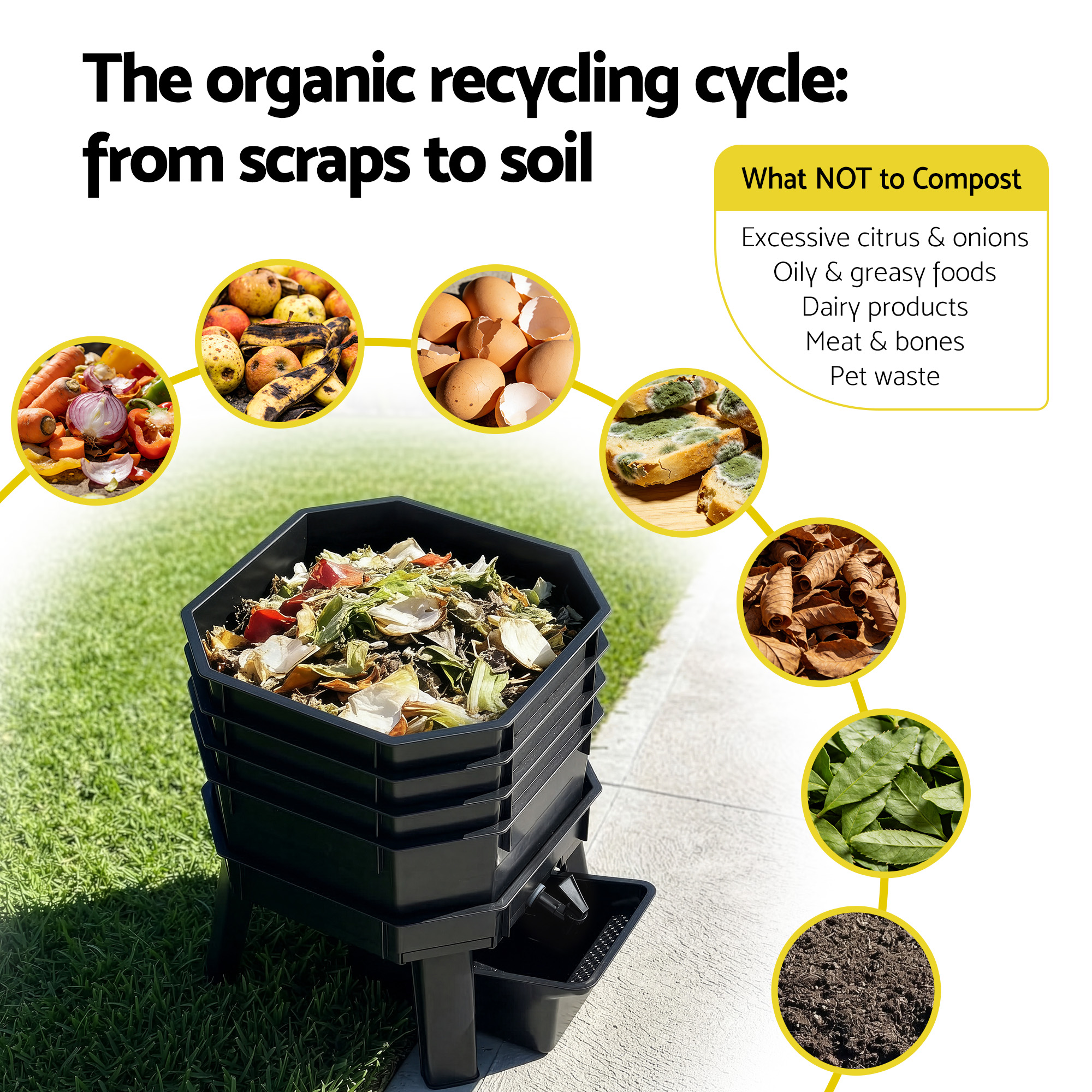 Gardeon Compost Bin 4-Tray Stackable Worm Farm Composter with Liquid Fertiliser Tap โ image 6
