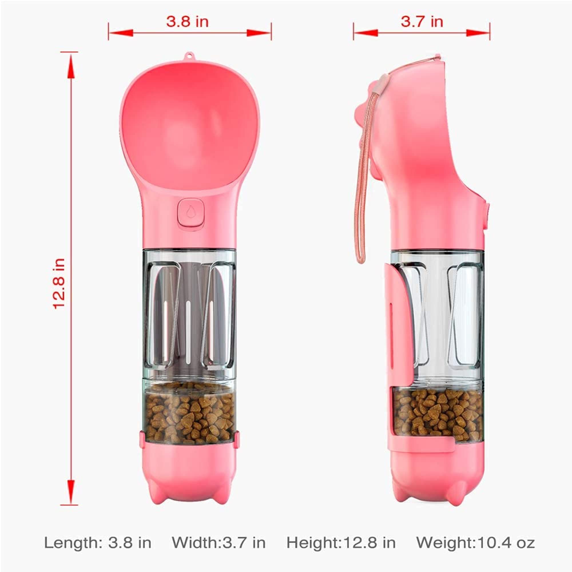 Portable 4in1 Dog Water Bottle with Food Storage, Poop Bag Dispenser and Scoop Size-300ml, Colour-Pink — image 5