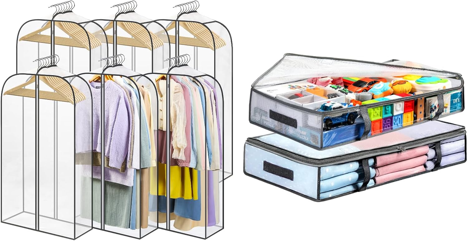 2 Packs Under Bed Storage Containers Bins-55L, 6 Pack Clear Garment Bags-40'' Long