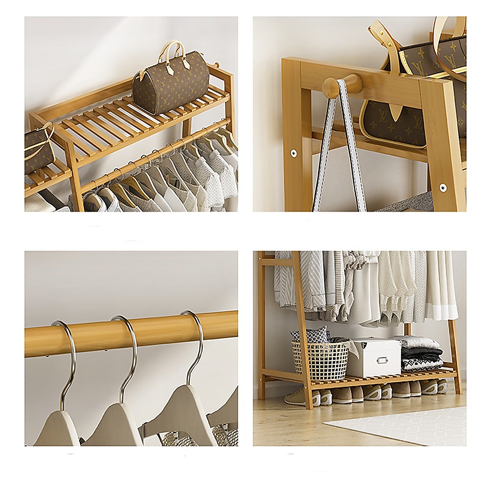 Portable Clothes Rack Coat Garment Stand Bamboo Rail Hanger Airer Closet โ image 5