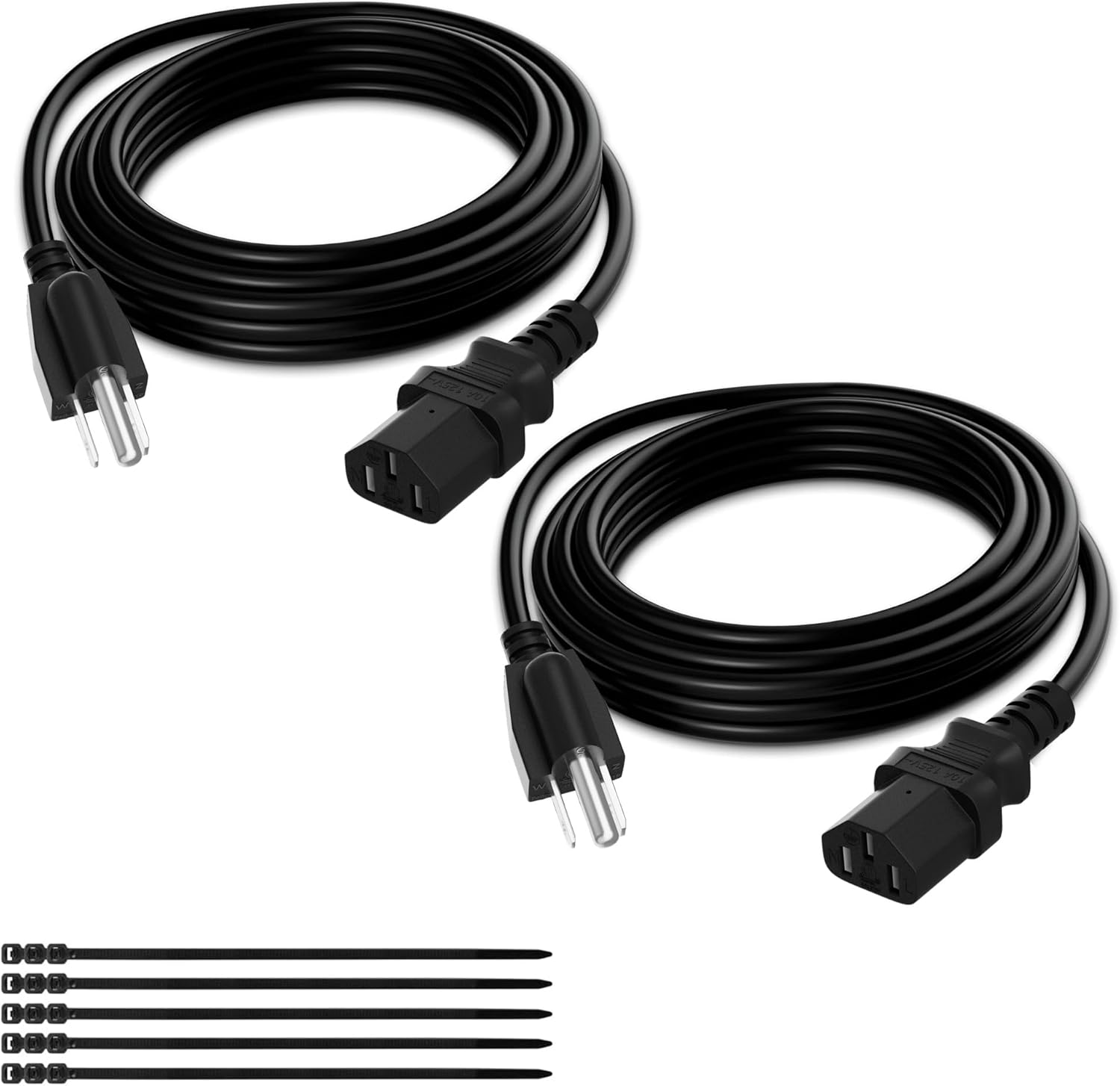 3-Prong Replacement Power Cord 10 Ft/2 Pack, Heatproof Flexible Durable AC Device Power Cable for Appliance, Computer, TV, Monitor, Printer, ETL Listed 18AWG