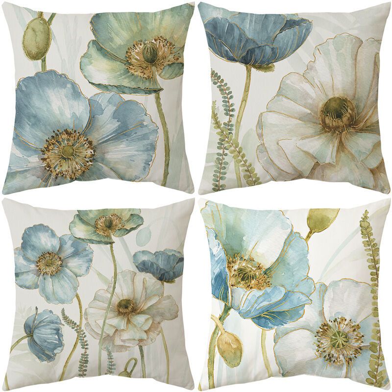 4 Pack Outdoor Cushion Cover, Waterproof Yellow and Blue Flowers Pattern Sofa Pillowcase for Patio Garden Living Room Bedroom Decoration, 45 × 45cm