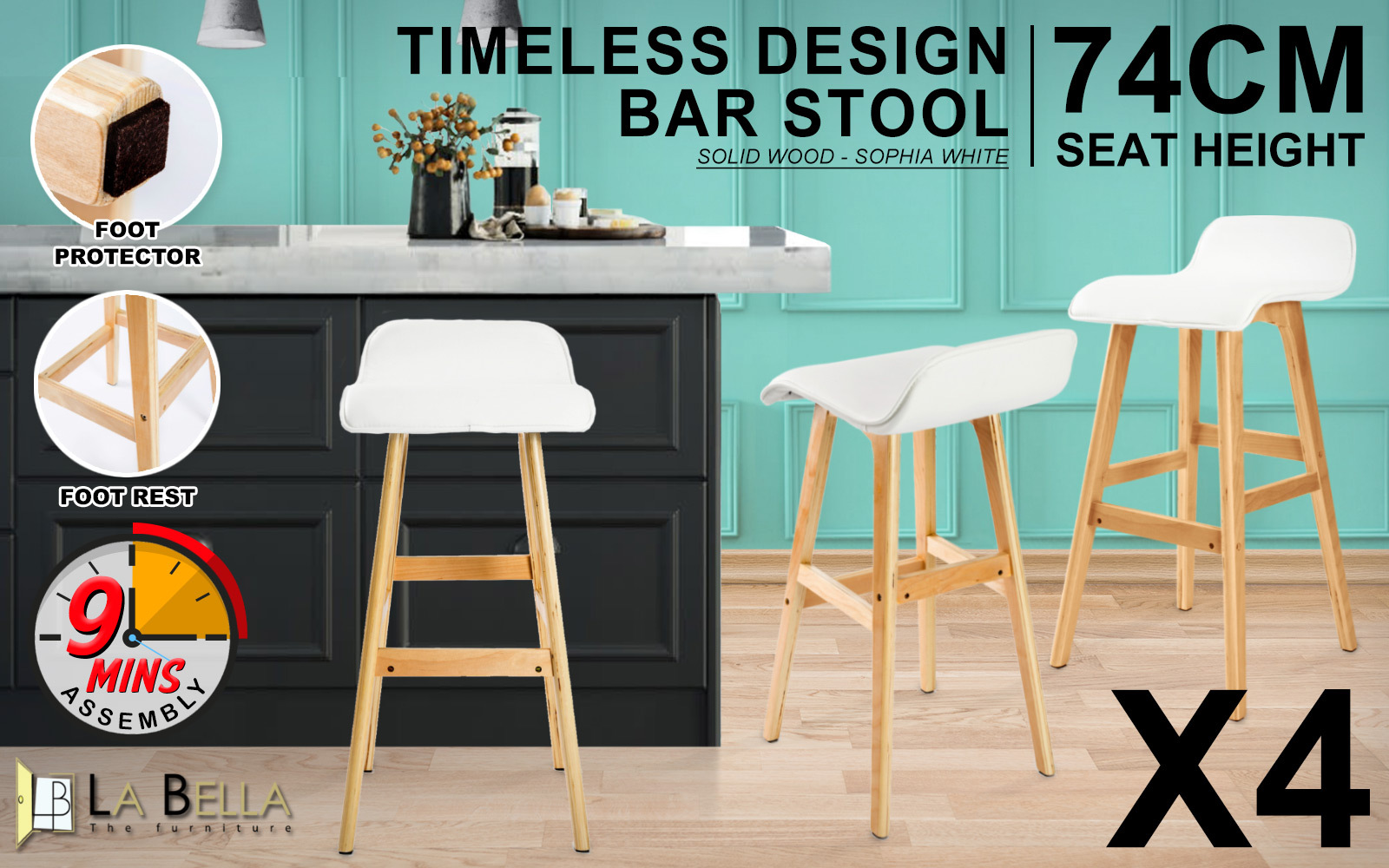 4X Wooden Bar Stool Dining Chair Leather SOPHIA 74cm WHITE โ image 2