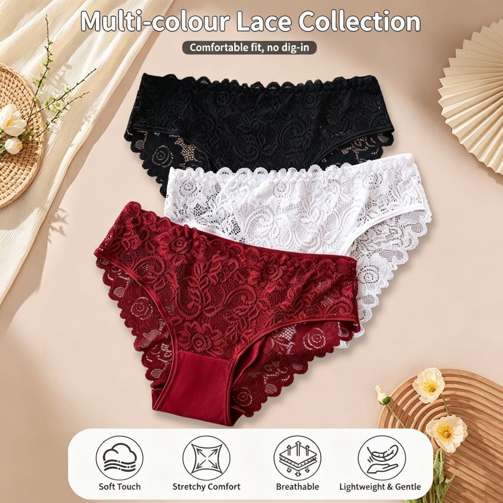 White Hollow Out Lace Panties 4 Pack Size XL | Christmas Relaxed Fit Gift | Cotton Gusset Stretchy Comfort Plus Size Lace Briefs — image 3
