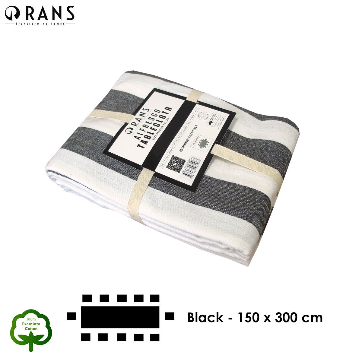 Rans Black Alfresco Stripes Cotton Tablecloth - Choose from 2 sizes 150cm x 300cm — image 4