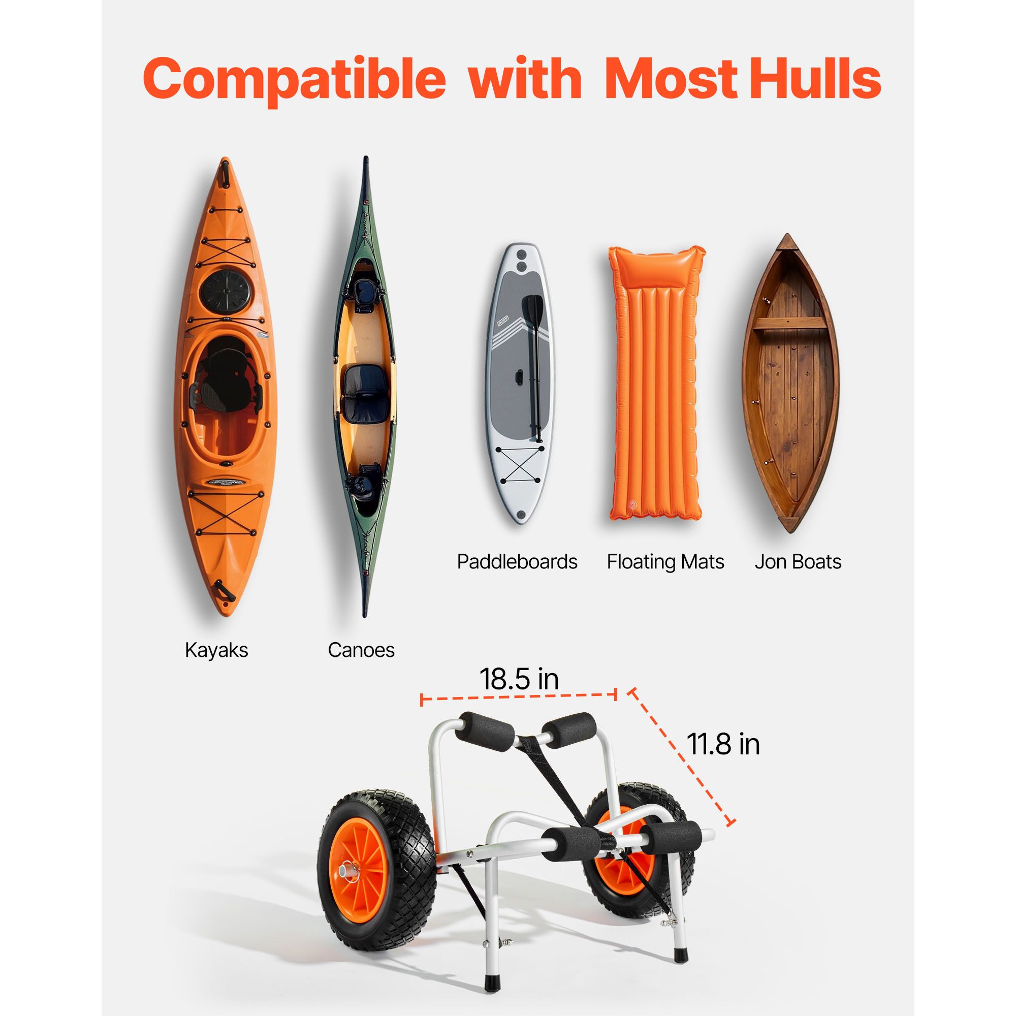 Kayak Cart, 113.4 kg Load Capacity, Foldable Kayak Trolley with 25.4 cm Solid Rubber Tires & 1 Ratchet Strap, Paddle Board Trolley for Carrying Kayaks, Canoes โ image 5