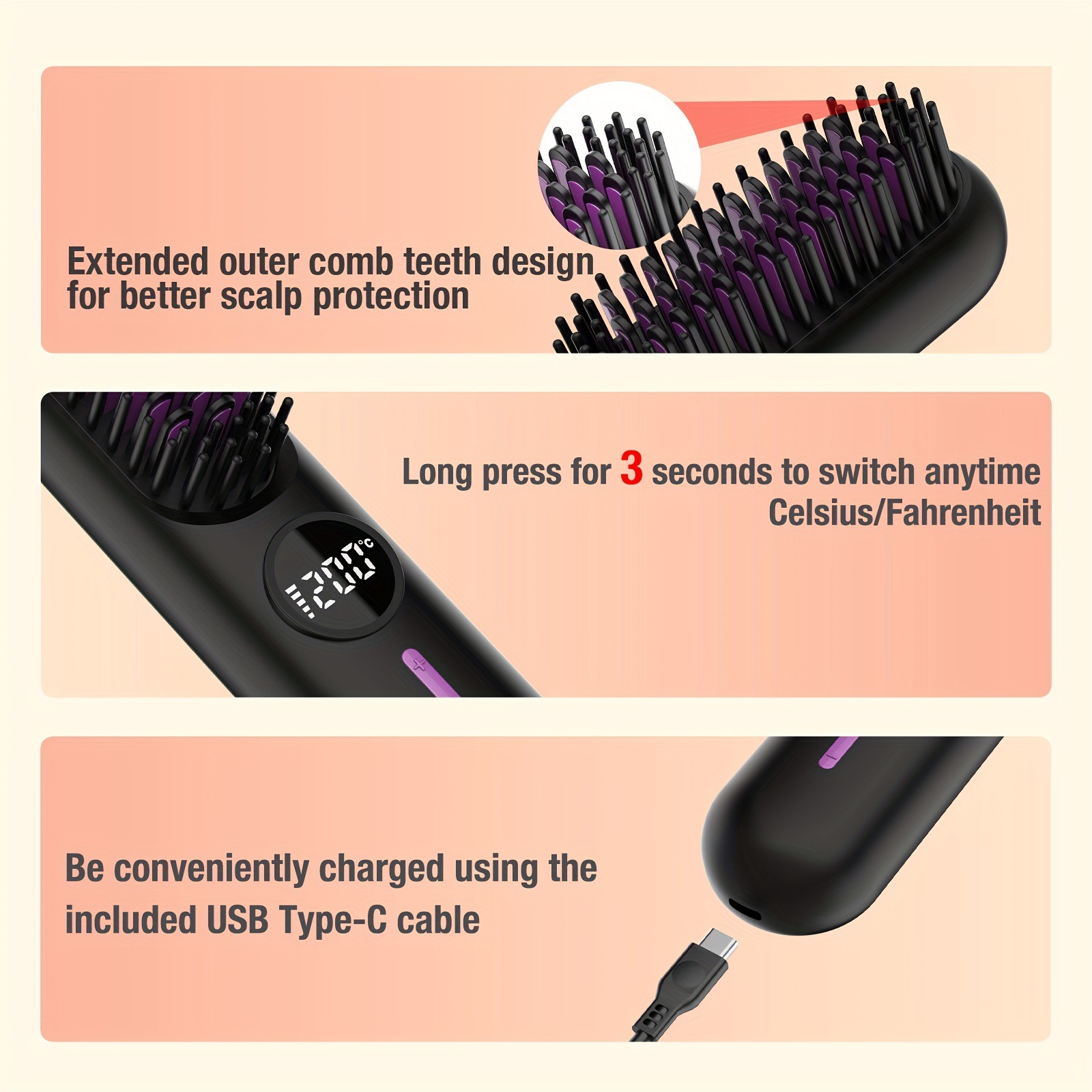 S01 Black Cordless Hair Straightener Brush - 2-in-1 Curling & Straightening Tool with LED Power Display and 7-Level Temp Control, Mini Quick Heat โ image 5