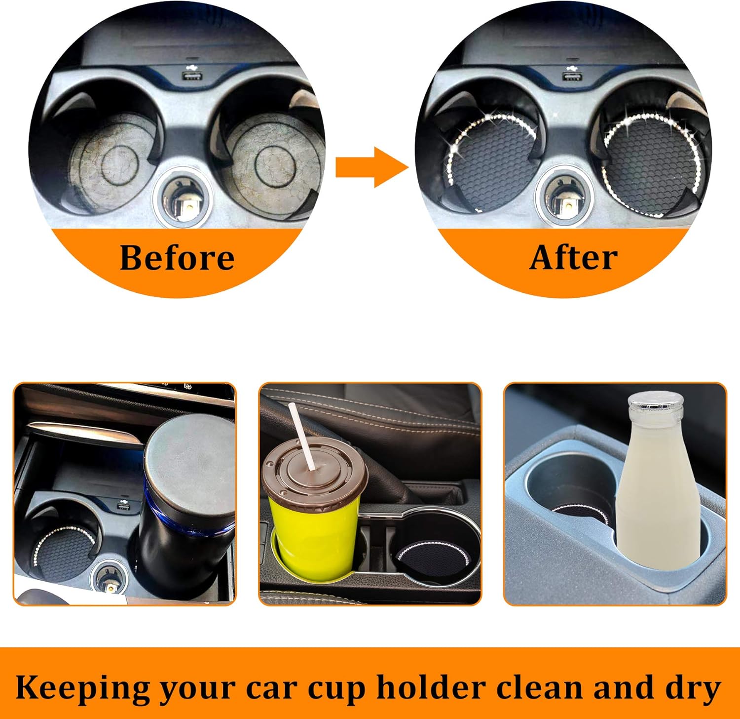 Nice car coasters 2 pieces Universal car cup holder inserts Coasters 2-75 inch Silicone non-slip sparkling crystal diamond Car accessories for women and ladies — image 3