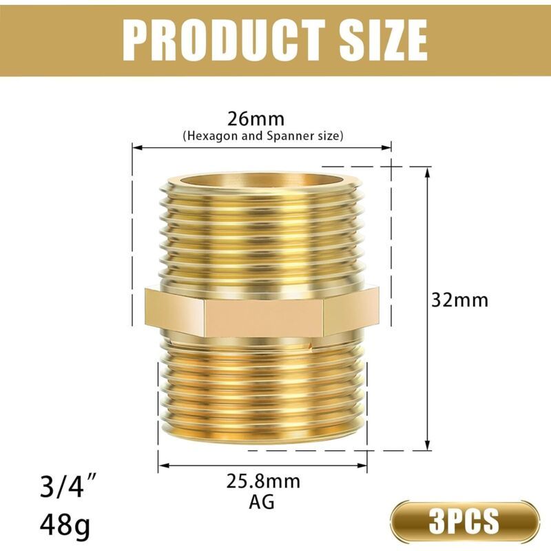 3 Pcs Double Nipple Thread Outdoor in Brass Rust, Robust and Anti-Double Hexagonal Nipple Fittings in Brass Suitable for Drinking Water, 0.75 Inch — image 2