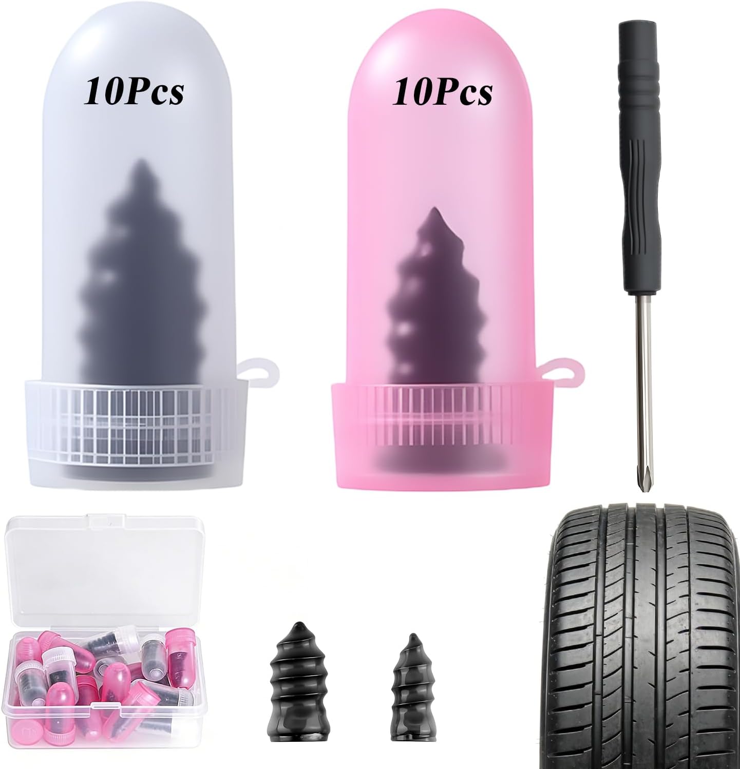 Tire Repair Rubber Nail Kit, Premium Spiral Screw-in Tire Plugs with 2 Sizes, Emergency Roadside Flat Tire Fix Tool for Car Truck Motorcycle Tractor ATV SUV