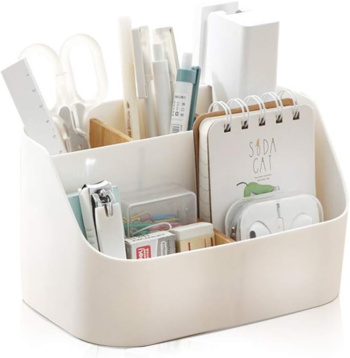 Pink Desk Organizer with Compartments Small Storage Box for Makeup Brushes Pens Pencils Remote Controls Office Accessories