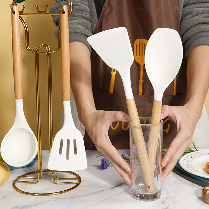 Dark Green 11-Piece Silicone Kitchen Utensil Set with Wooden Handles and Storage Bucket - Heat Resistant and Non-Stick โ image 2