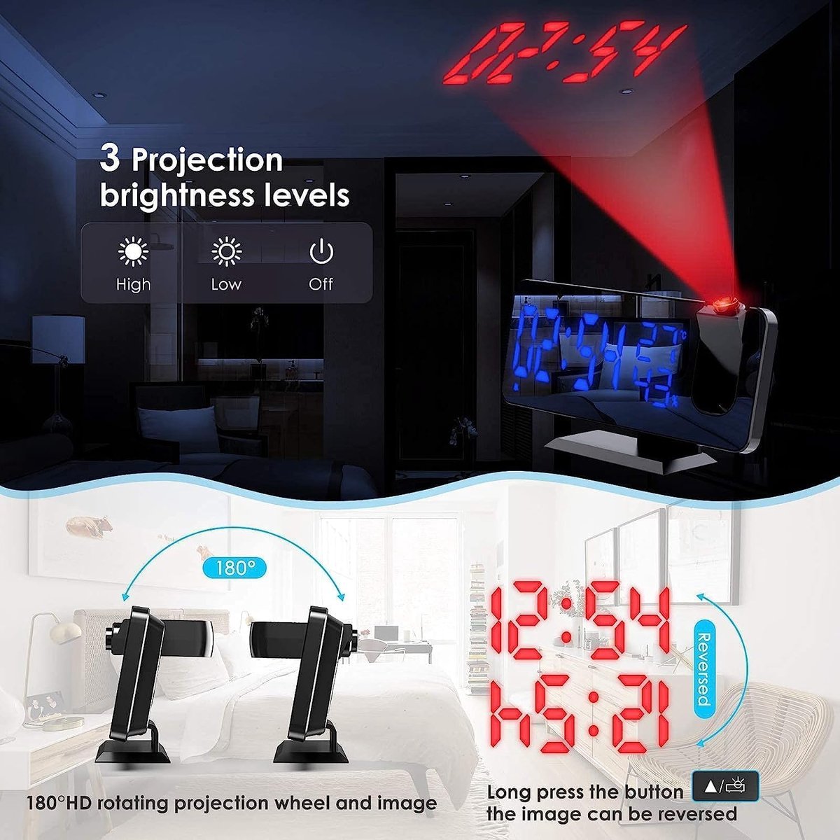Radio Wekker digital projection with 4 dimmers and 180° rotation - 2 sounds - Groot 7.4'' mirror screen Black-Blue — image 5
