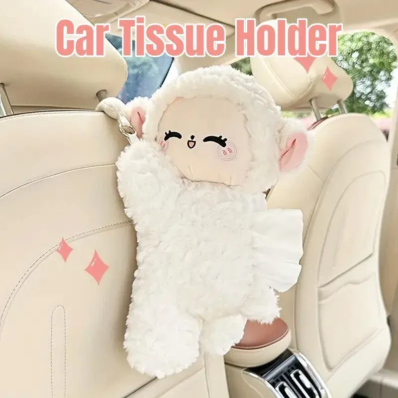 Car Tissue Box Multifunctional Hanging Drawer Box Cartoon Plush Sheep Design