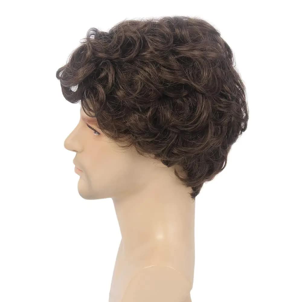 Short Black Men's Wig with Curly and Fluffy Wigs, Natural Synthetic Wigs for Men, Daily Party Wear for Men Brown 10 Inch — image 4