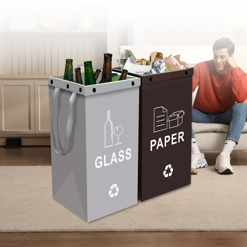 Foldable Waterproof Waste Sorting Bags, Reusable Laminated Recycling Storage Tote with Handle, 40L Large Capacity Garbage Organizer(Brown + grass green)