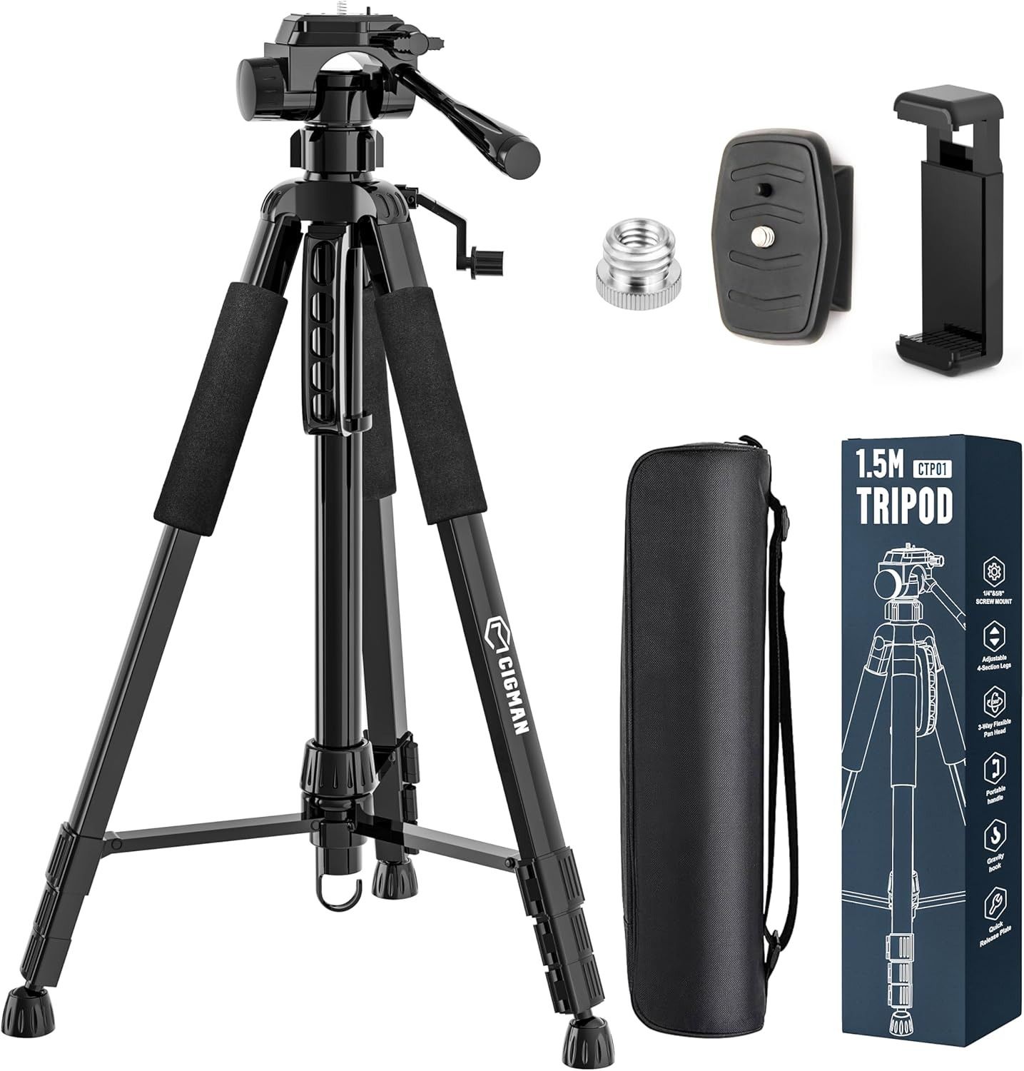 CIGMAN 59-inch Lightweight Adjustable Laser Level Tripod with 3-Way Swivel Pan Head, Bubble Level, Phone Holder, Quick Release Plate with 1/4" Screw Mount &