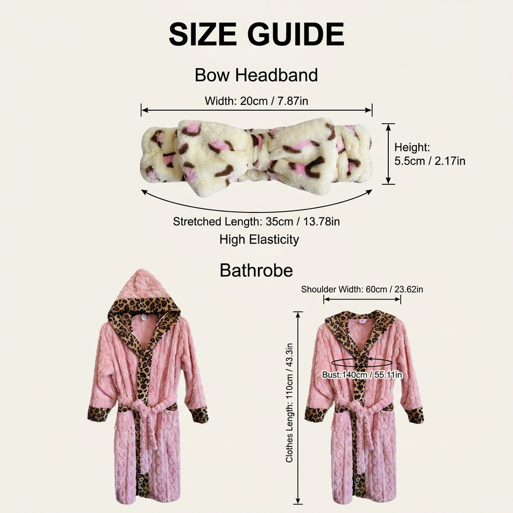 Coral Fleece Leopard Trim Bathrobe Set Bow Headband Included- Pink Hooded Plush Dressing Gown with Belt Ultra Soft Cozy Loungewear Spa Home Wear Gift Ready — image 6
