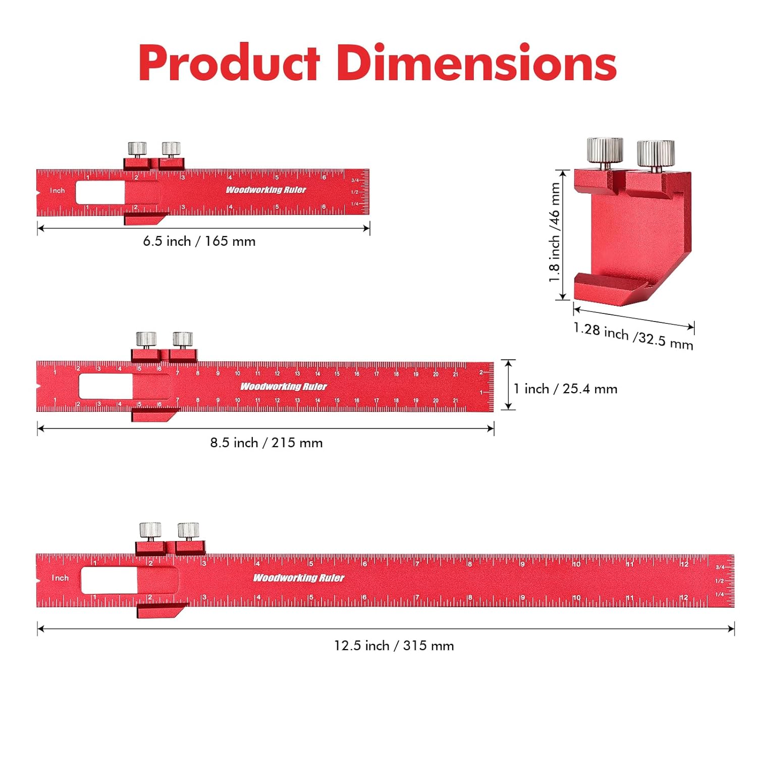 3PCS Woodworking Ruler Set, Precision Pocket Ruler with Adjustable Slide Stop, Aluminum Alloy Measuring Tool for Marking & Scribing, Metal T-Track Square â image 2