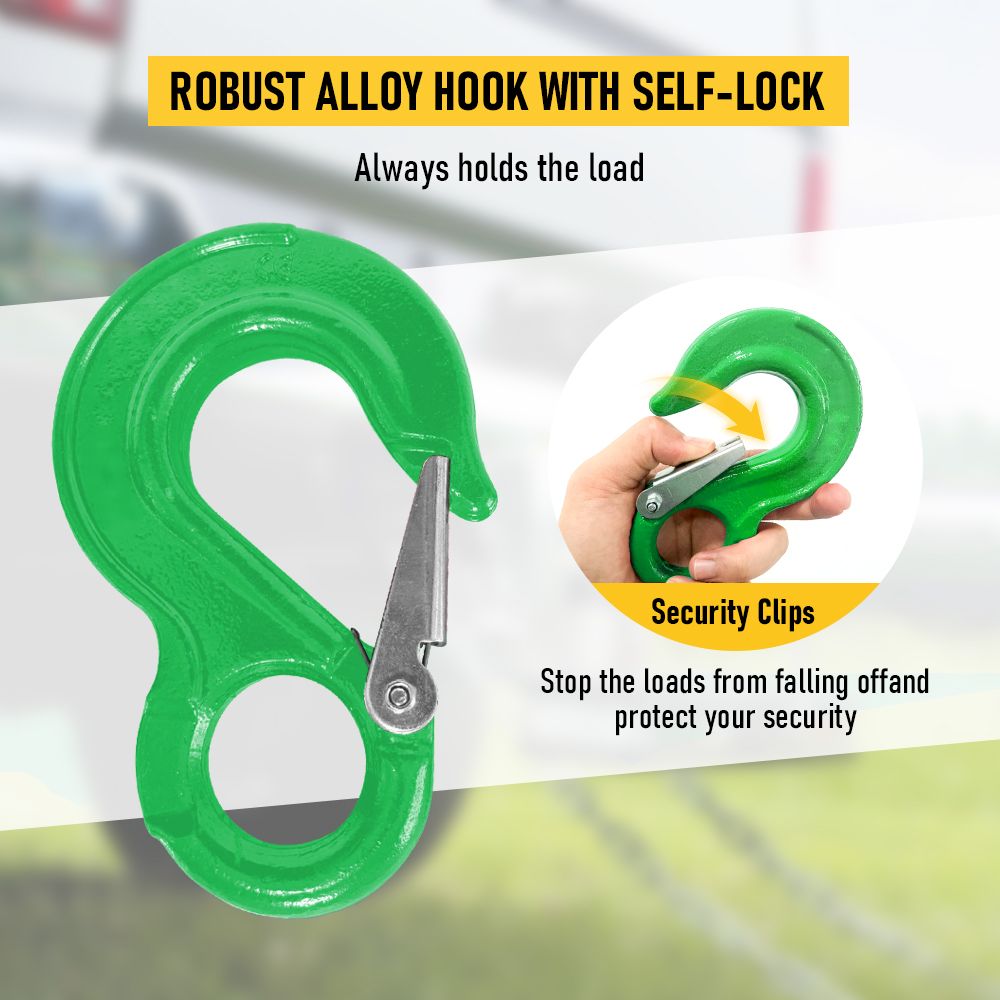 2SETS 2T Sling Hook With Hammerlock Heavy Duty Safety Latch Swivel Winch Hook For Trailer Safety Chain-Green — image 6