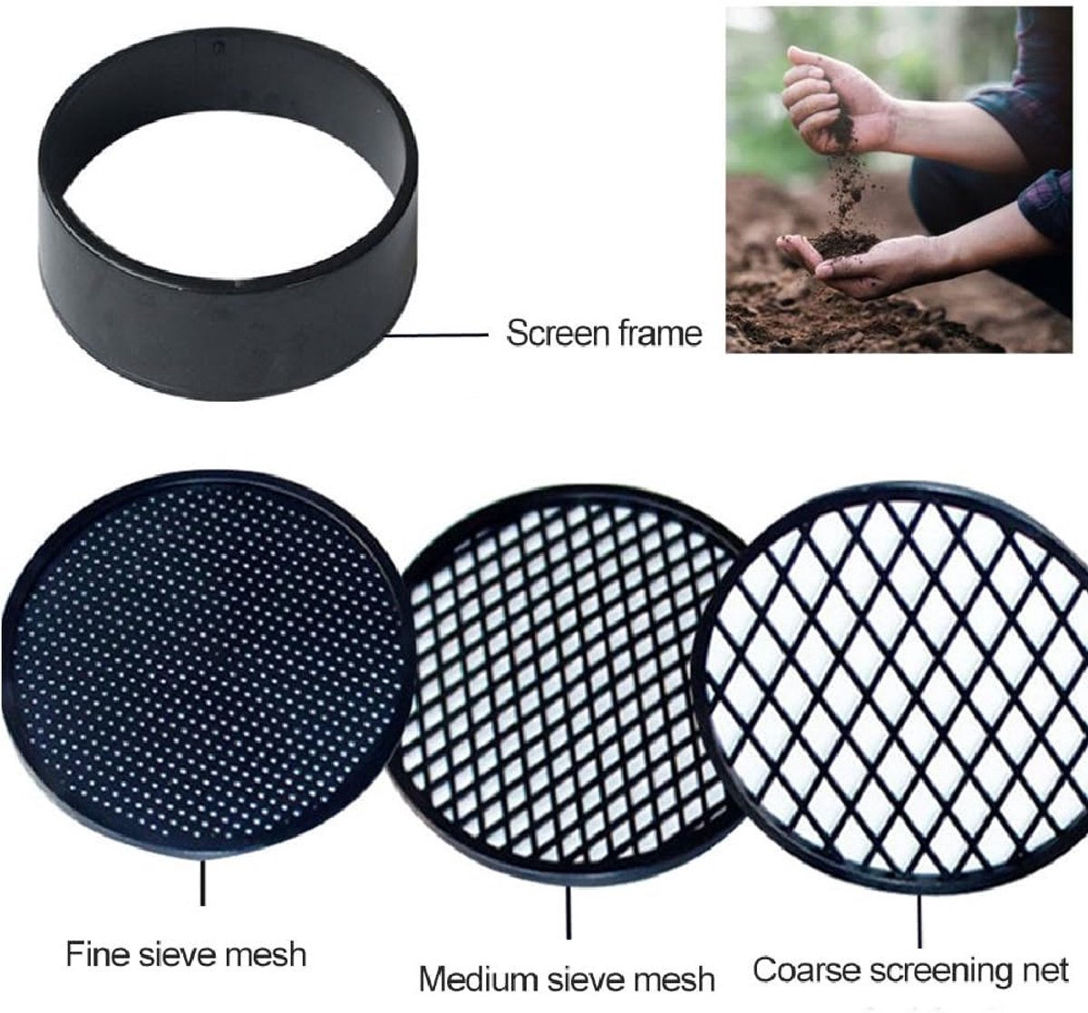 Adjustable plastic garden sieve - 4 in 1 - 12 cm - Compost sieve - Sand sieve - Round - Black - for domestic plants โ image 6