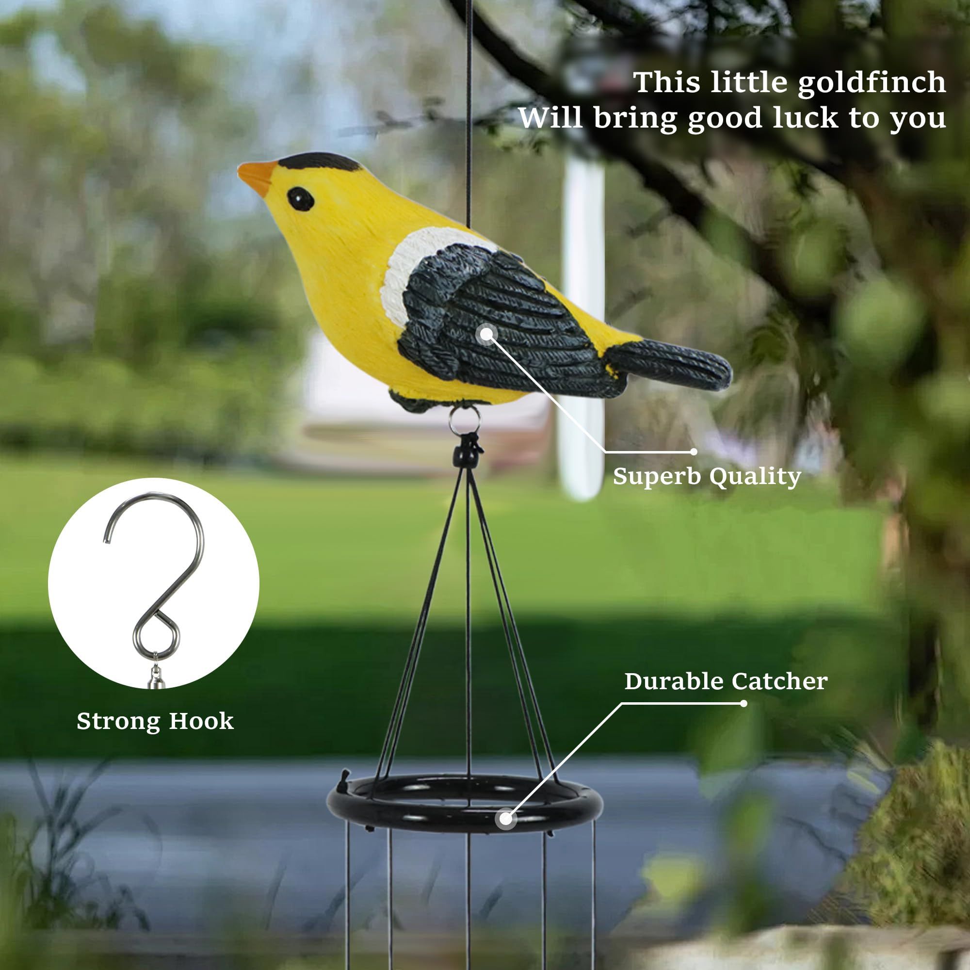 Bird Wind Chimes for Outside，Goldfinch Bird Gifts，Yellow Bird Wind Chimes Outdoor Decorations,Garden Patio Backyard Hanging Decor — image 3