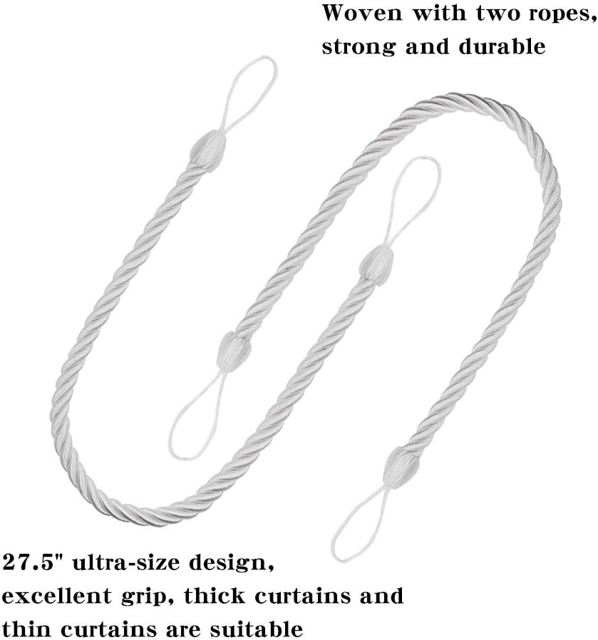 Curtain Ropes Tiebacks Tie-Backs, Curtain Handmade Holdbacks with 2 Metal Screw Hooks - White 2 Pack โ image 3