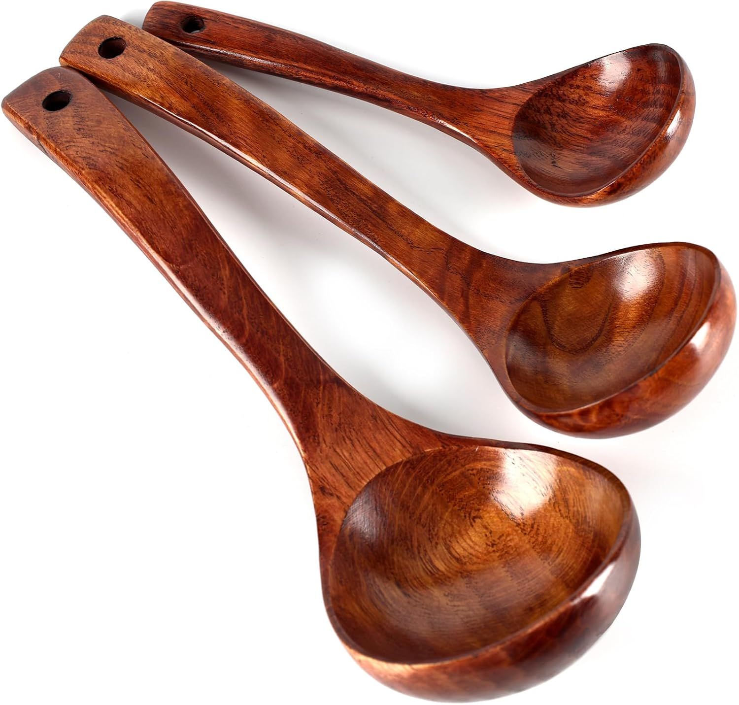 Wooden Ladle for Soup, 3 Size Wooden Spoons for Deep Pot & Bowl, Heat Resistant Handles, Non-Stick Wood Kitchen Utensils Set for Cooking, Serving and Stirring