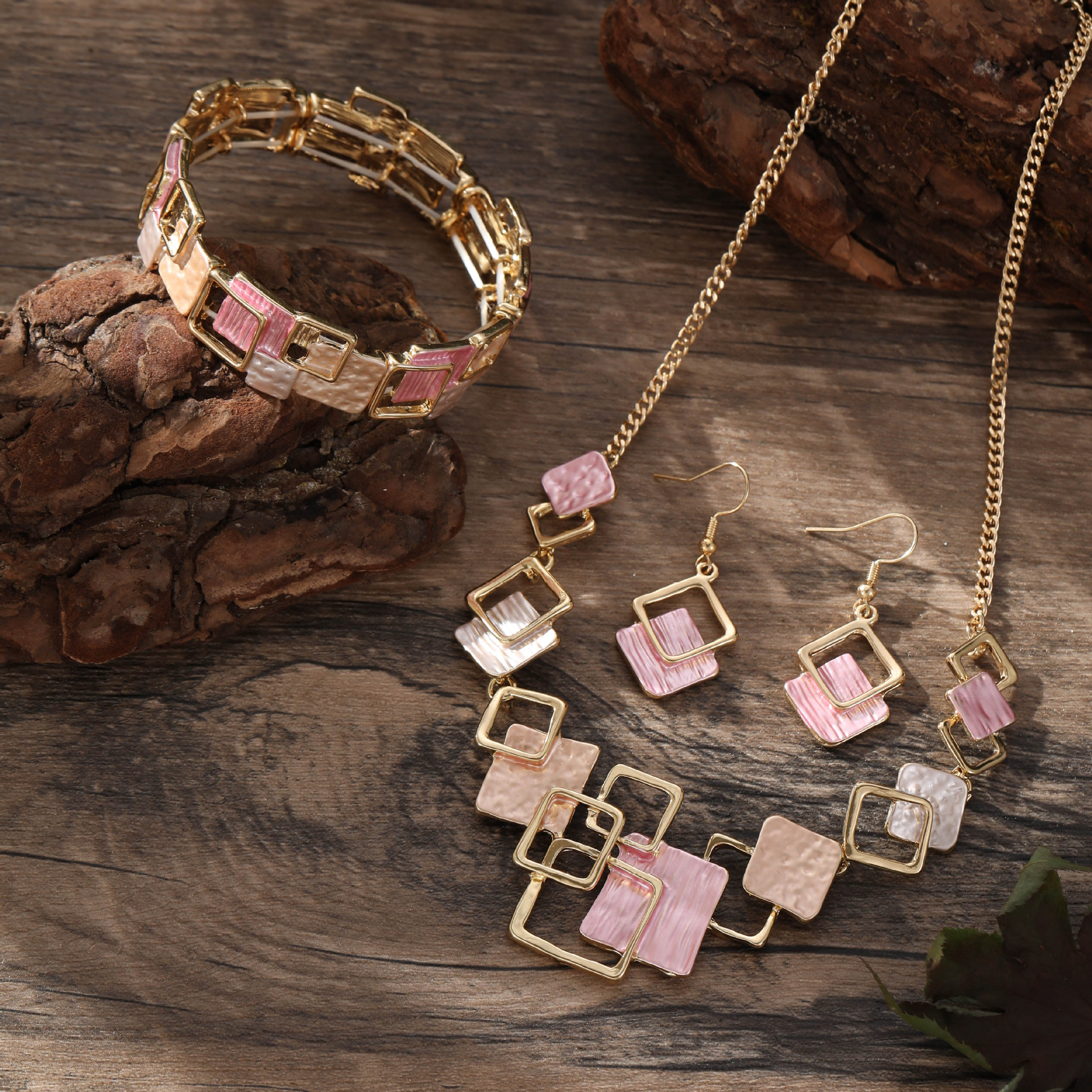Geometric Inlay Earrings Necklace Bracelet Jewelry Set × 2 – Brown & Pink — image 2
