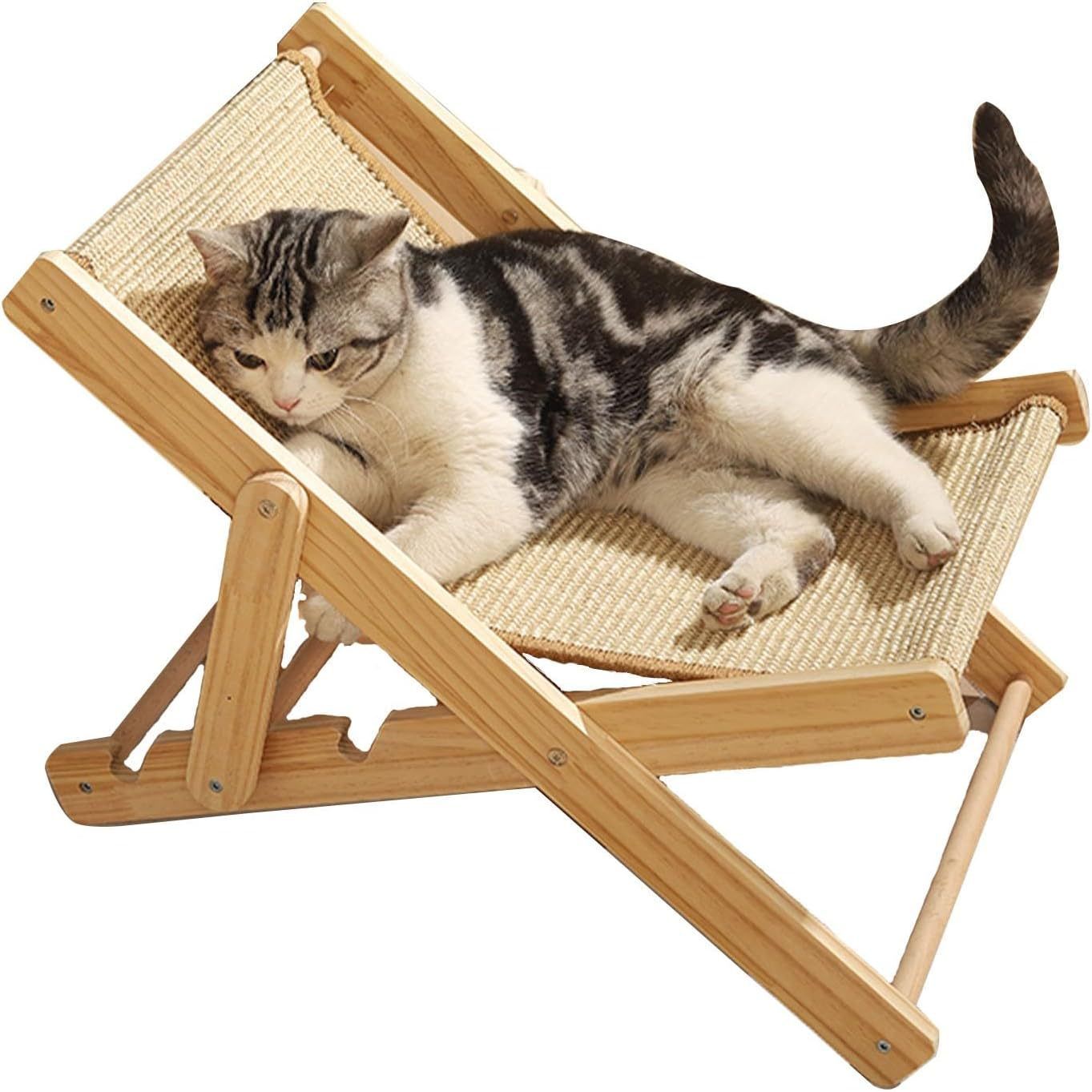 Adjustable Elevated Cat Chair Bed, Relaxation Cat Bed with Durable and Non-Shedding Sisal Scratcher, Wood Elevated Cat Beds