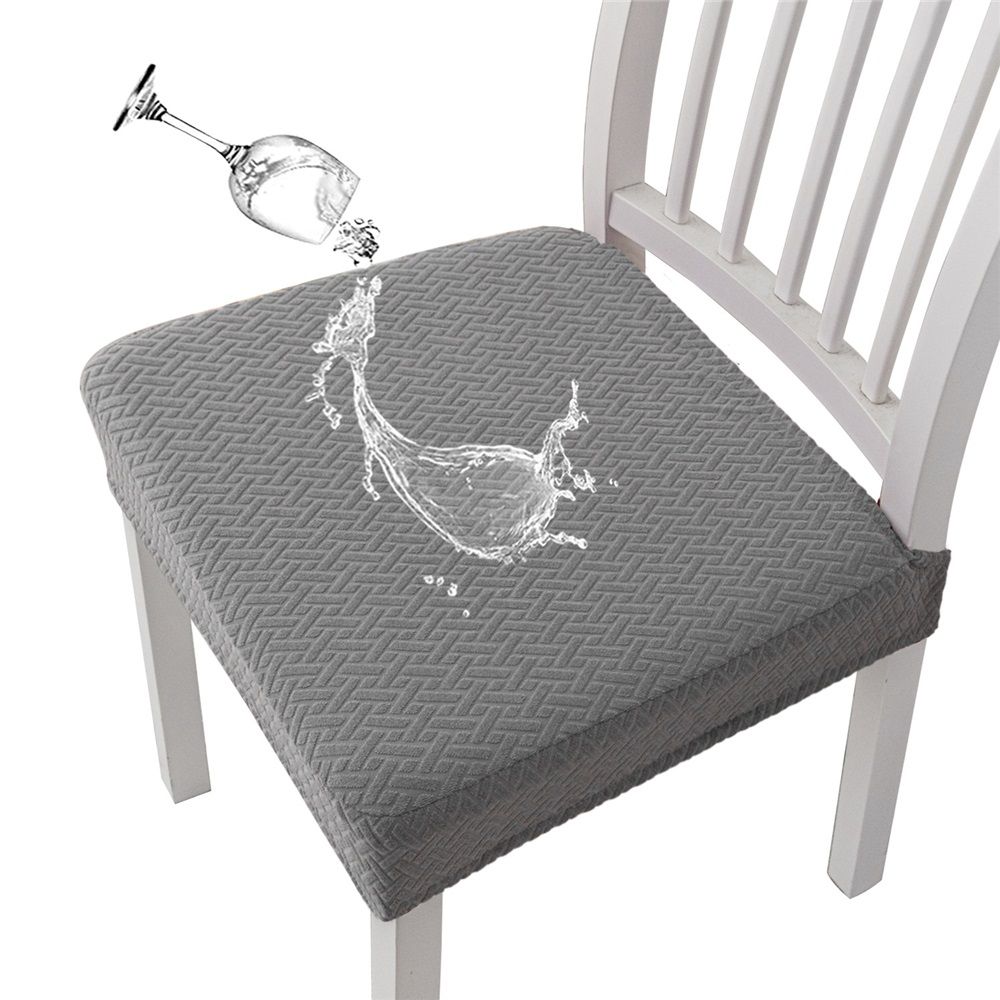 Waterproof Seat Covers for Dining Room Chairs Set of 4, Stretch Jacquard Removable Washable Chair Seat Slipcovers Protector, No Rear Covers, light gray(Only