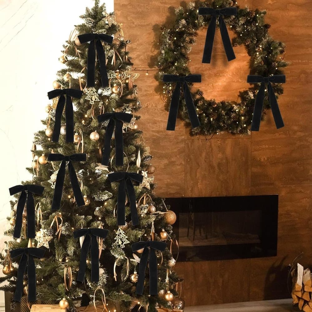12 Christmas Bows Velvet Tree Decorations in Black, 6 inches — image 3