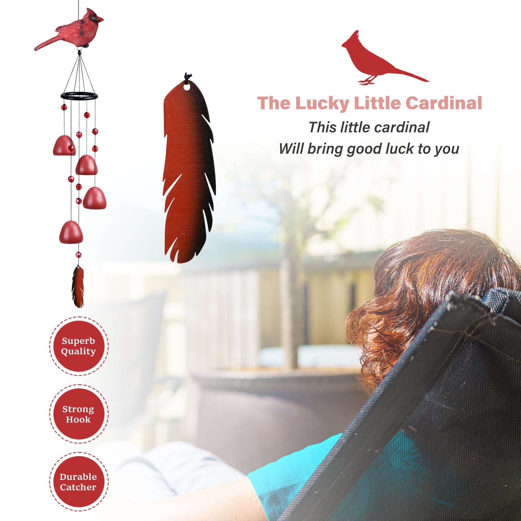 Red Bird Wind Chimes Indoor Resin Decorative Metal Hanging Bells Wind Chime,Gifts for Women Mom Wife (Red) — image 4