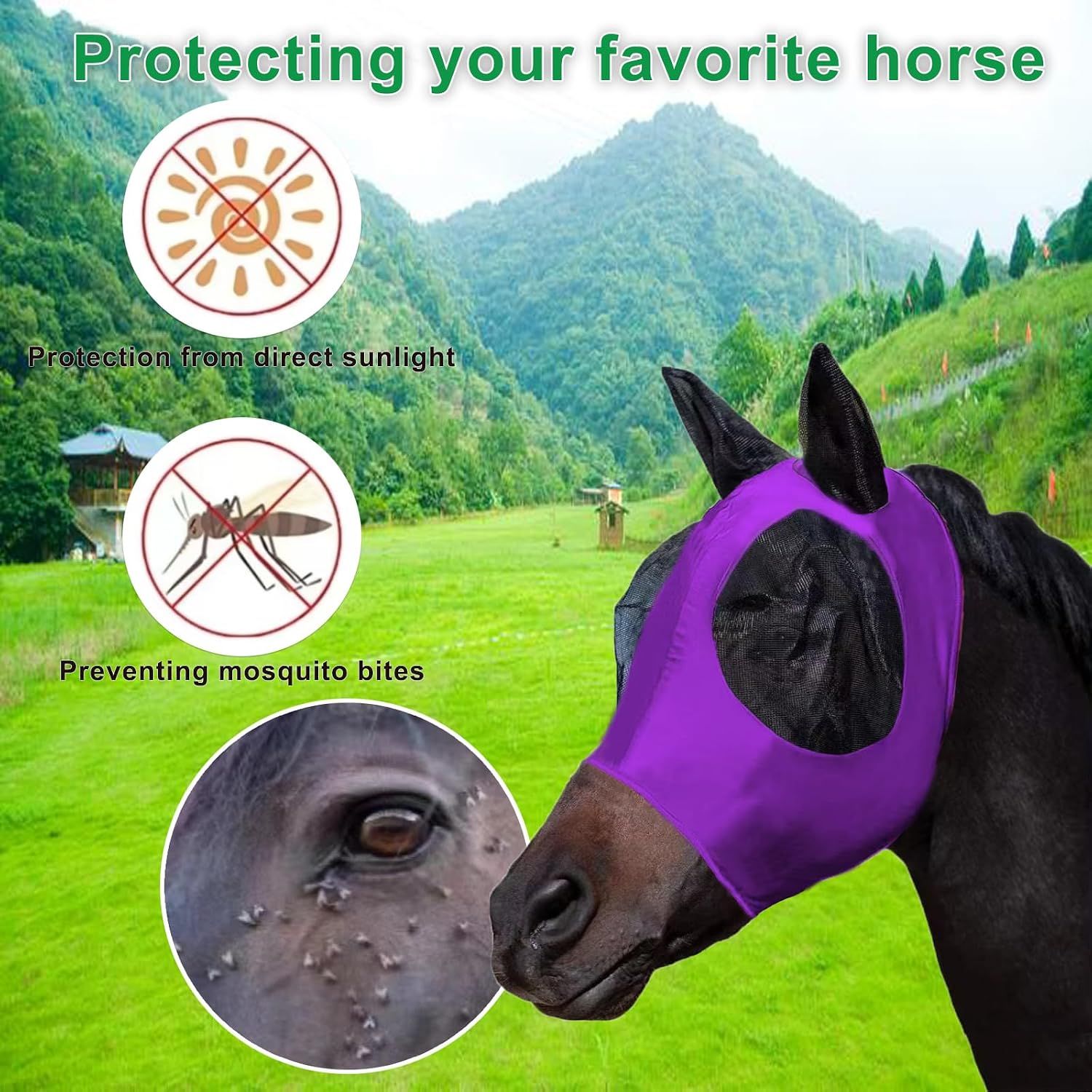 Fly Masks for Horses with Ears Set of 3, Comfort Fit Stretchy Fabric with UV Protection Soft on Skin Breathability for Average Size Horses (Blue-Purple-Red) M — image 3