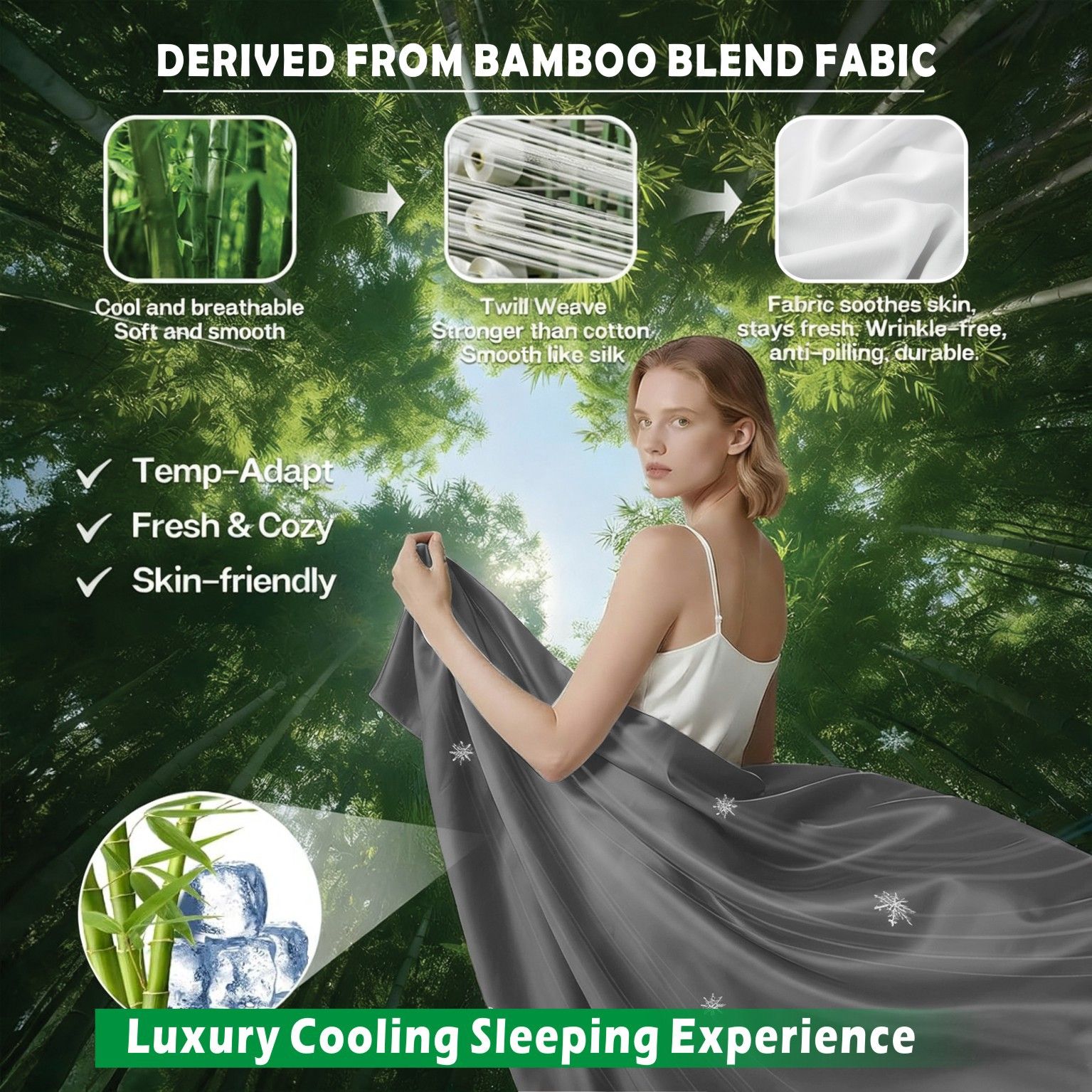 3 Piece Hotel Bamboo Cooling Sheet Set -Ultra Soft 2000TC Breathable Bed Sheets Set with 37 Centimetre Deep Pocket-Cooling Sheets for Hot Sleepers(Grey,King — image 3