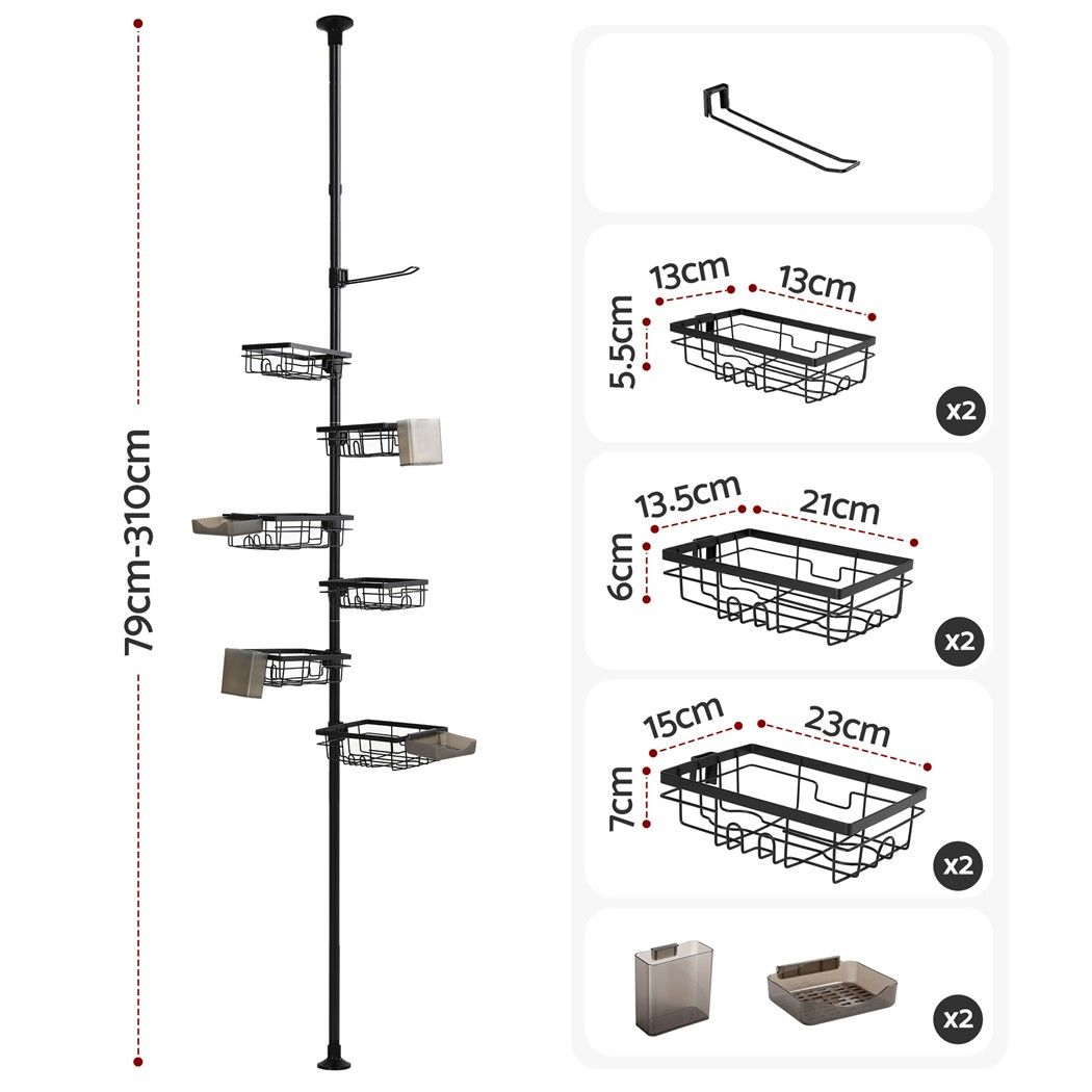 Artiss Tension Pole Shower Caddy Steel Corner Bathroom Shelf Black โ image 2