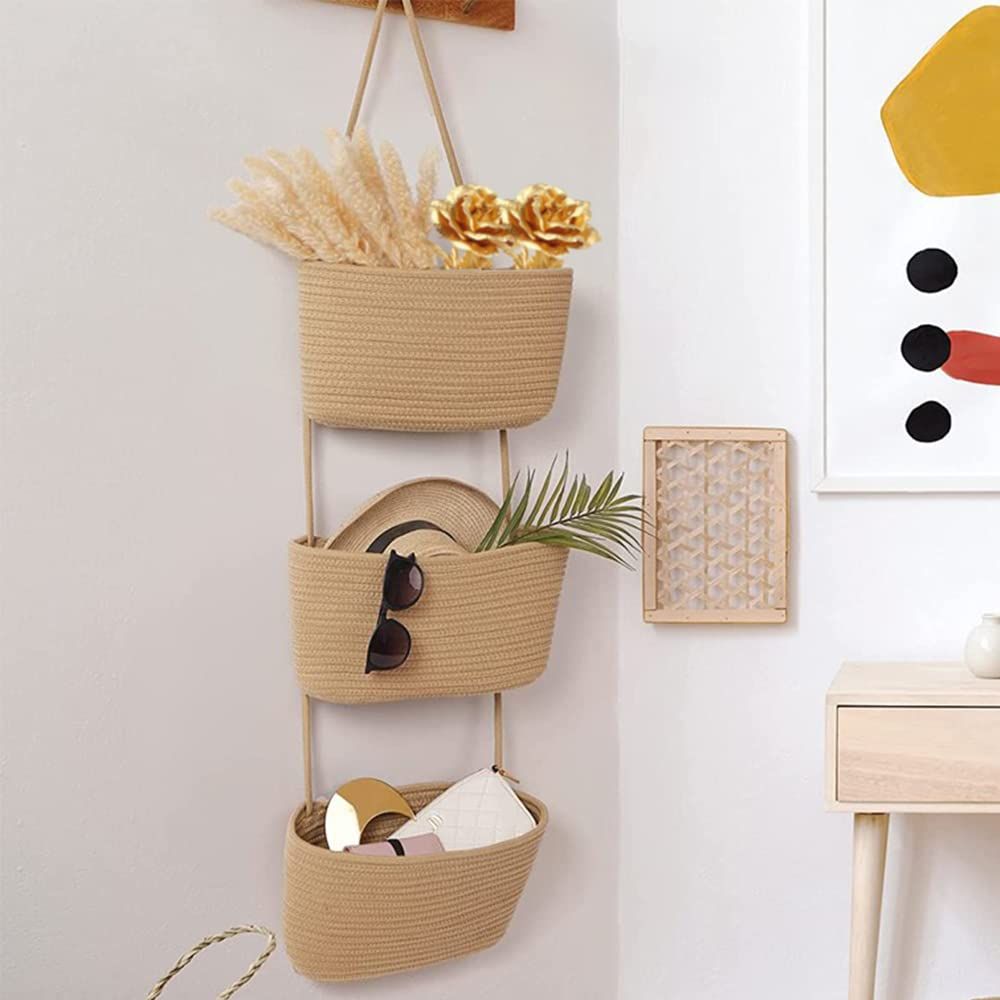 Over the Door Hanging Basket, 3-Tier Woven Cotton Wall-Mounted Storage Organizer Bag Decorative Hanging Kitchen Baskets - Jute — image 2