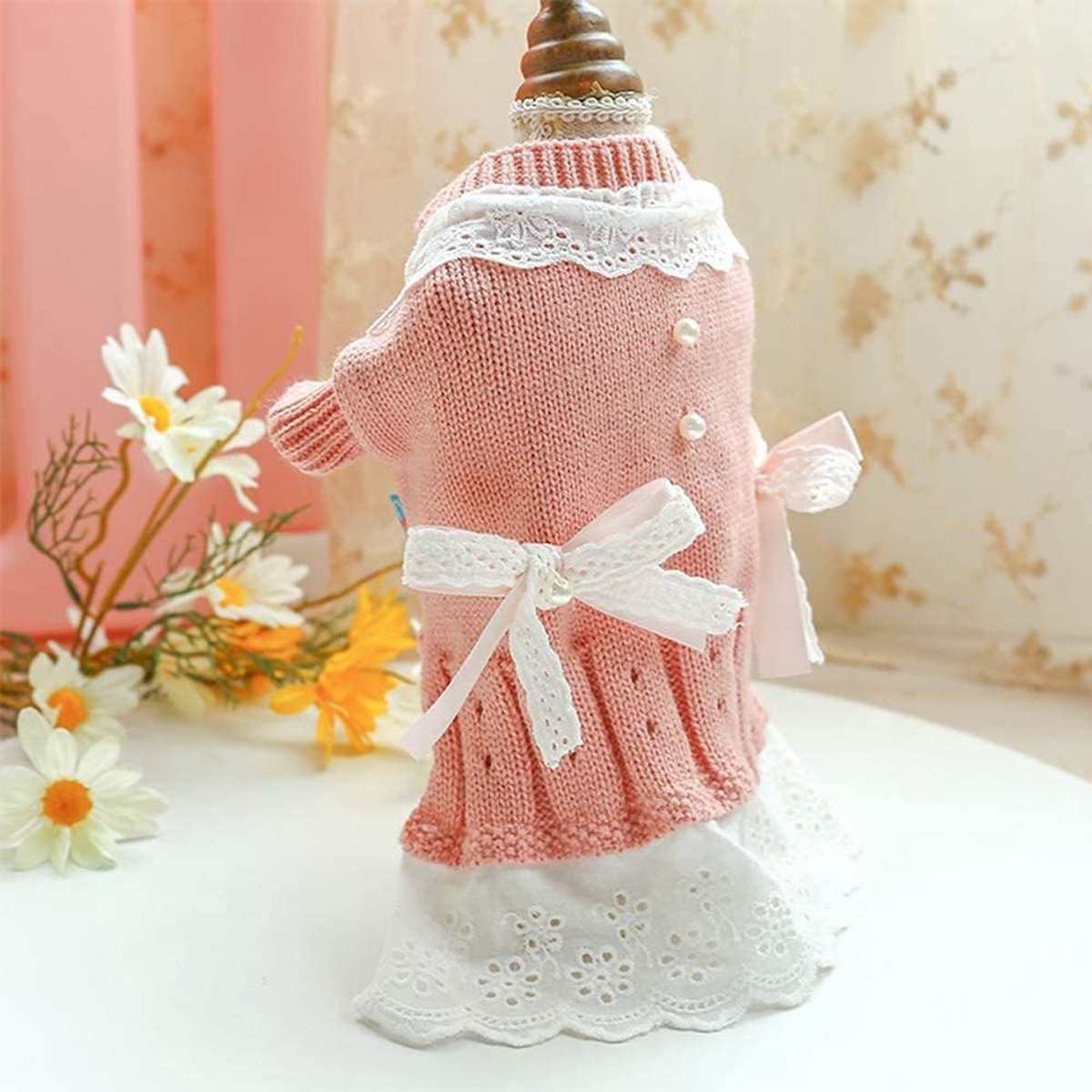 Dog Coat - Dog Sweater - Sweater Dress for Small Dogs - Female Dress with Bow - Pink and Blue Warm for Winter - Princess Lace - Birthdays โ image 4