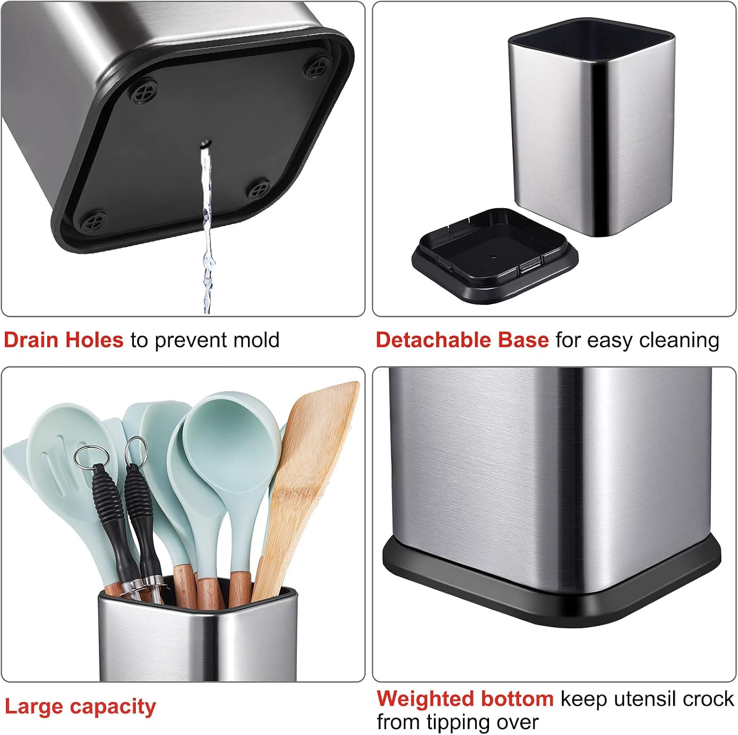 Stainless Steel Kitchen Utensil Holder for Countertop, Spoon Spatula Organizer,Modern Rectangular Large Cooking Utensil Caddy Counter,Utensil Crock Silver — image 3