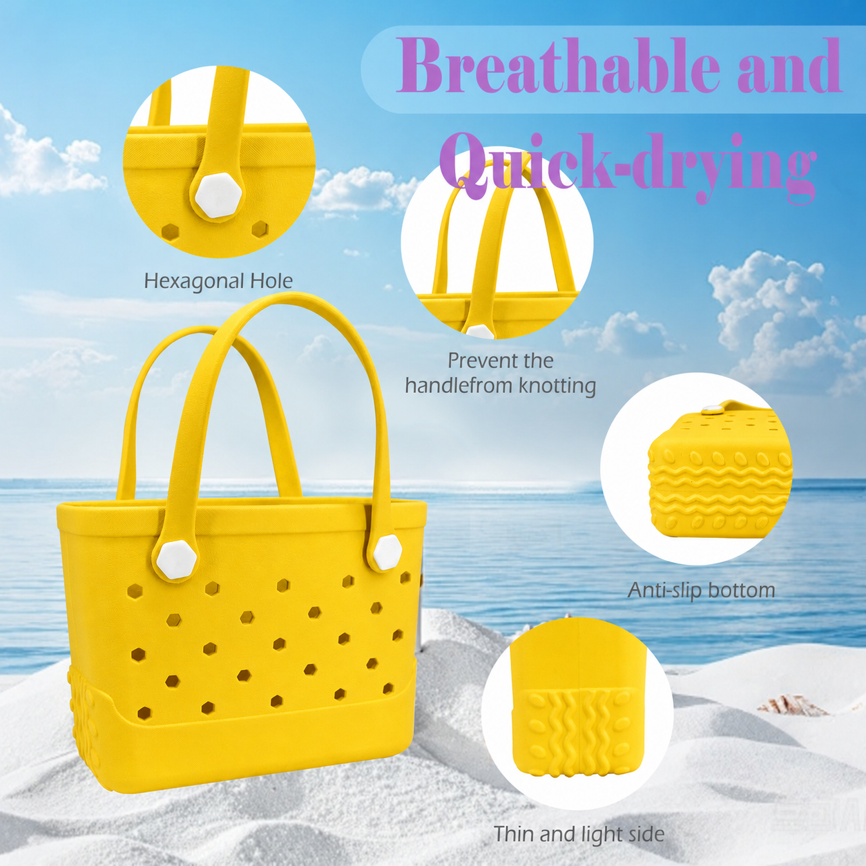 Waterproof Hexagon Mesh Beach Bag - Large Capacity Travel Storage Tote for Swimwear Towel Sunglasses - Yellow Small 28x21x11cm โ image 3