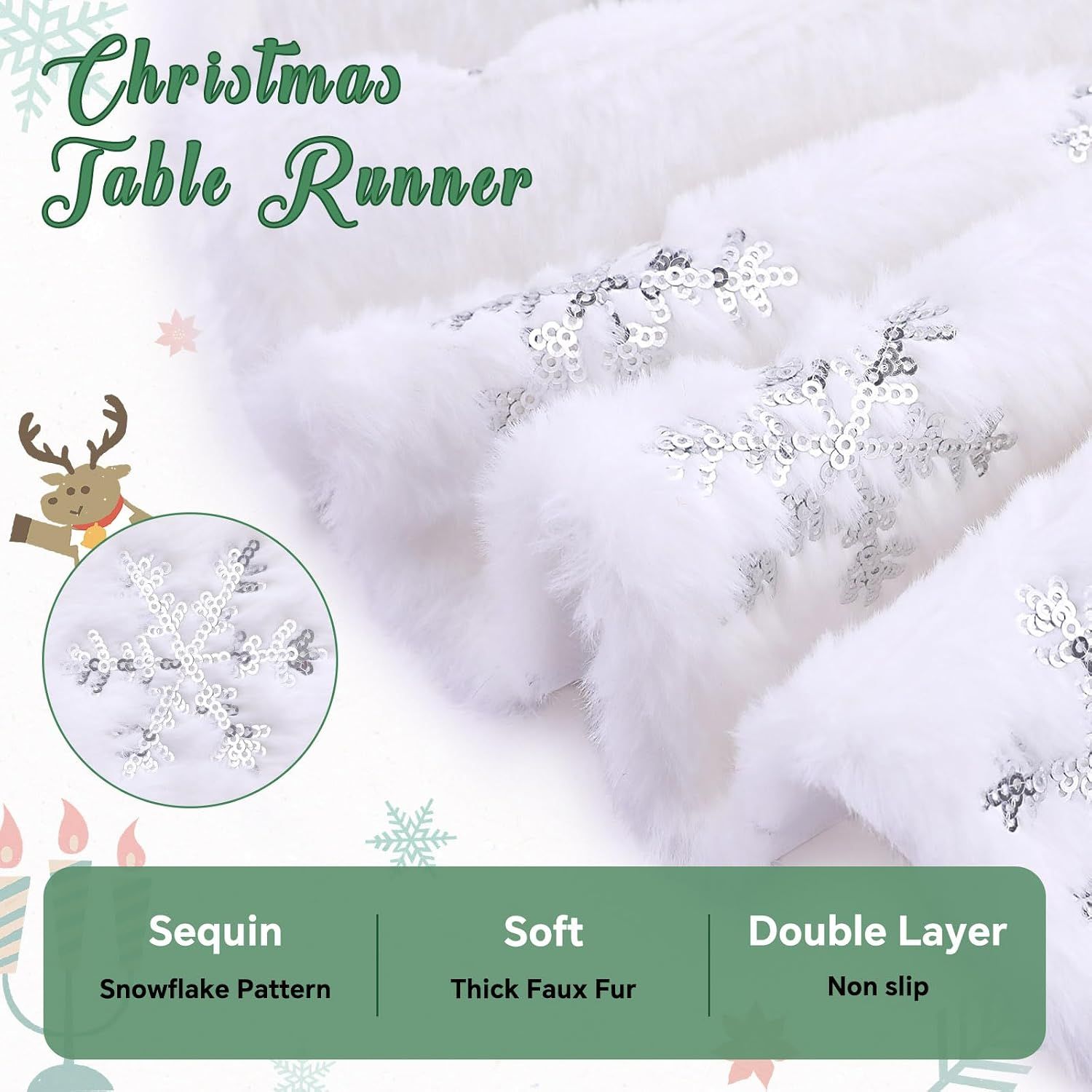 White Fur Table Runner Silver Snowflakes Christmas Table Runner, Winter Xmas Holiday Kitchen Dining Table Decoration Indoor Outdoor Party Decor 13 x 48 Inch โ image 3
