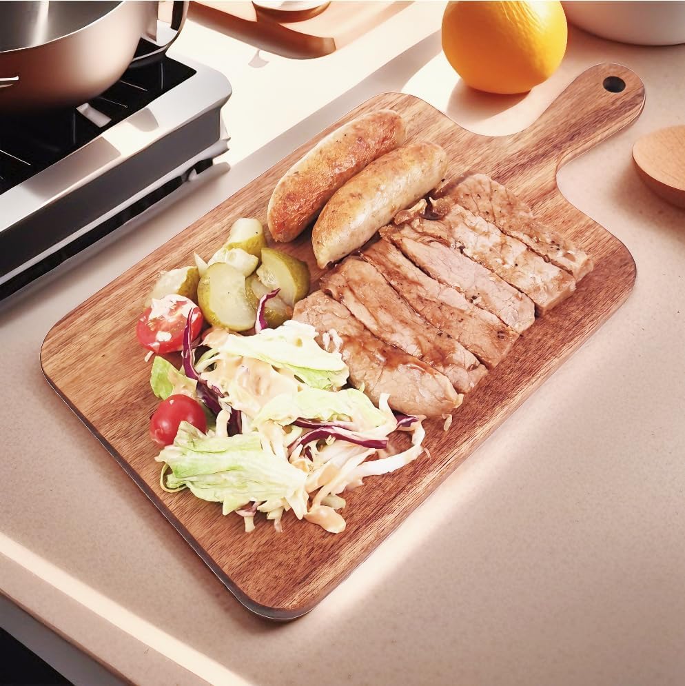 Acacia Wood Cutting Board with Handle, Wooden Cutting Boards, Chopping Board, Charcuterie Board, Serving Board for Cheese, Bread, Pizza, Vegetables & Fruits — image 4