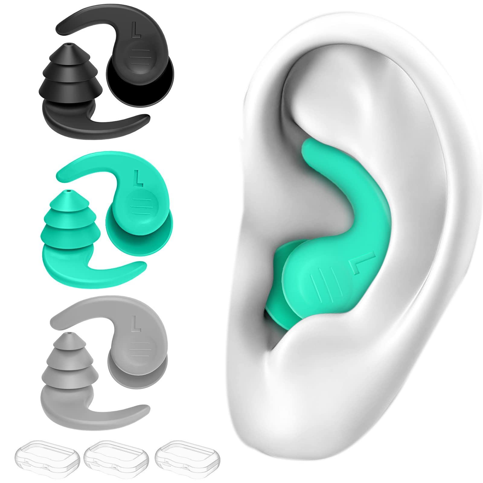 Swimming Ear Plugs for Adults, 3 Pairs Waterproof Reusable Silicone Swim Earplugs for Swimming Surfing Snorkeling Showering