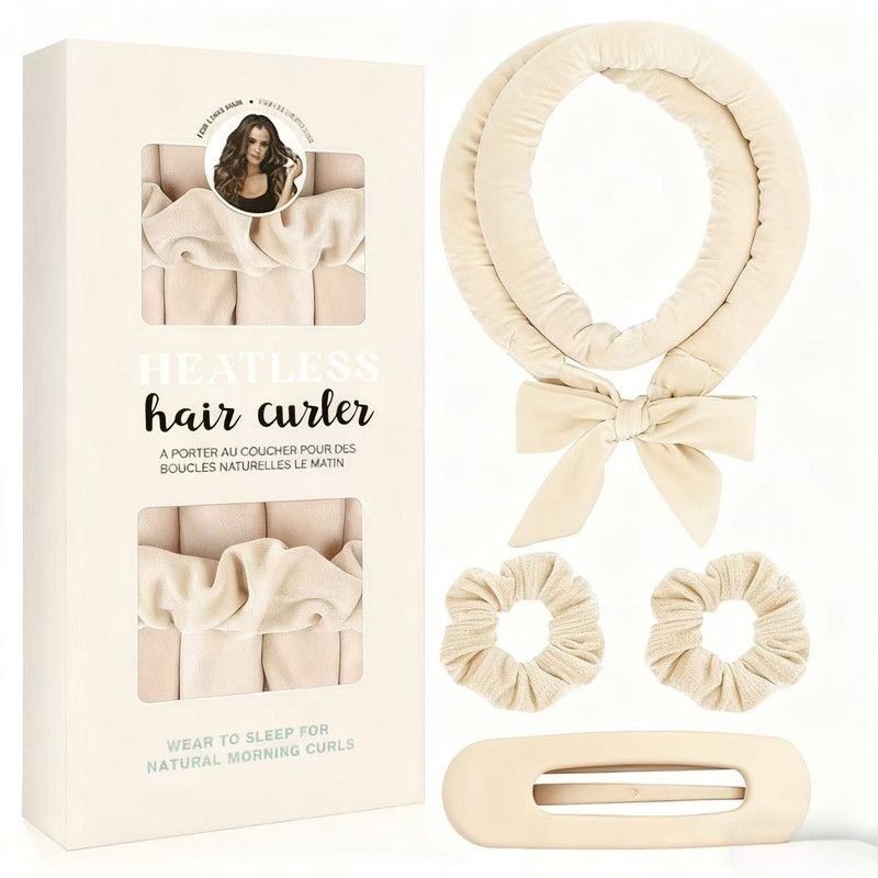 Velvet Heatless Hair Curlers Set, Overnight No-Heat Curling Ribbon with Scrunchies & Hair Clip - Beige