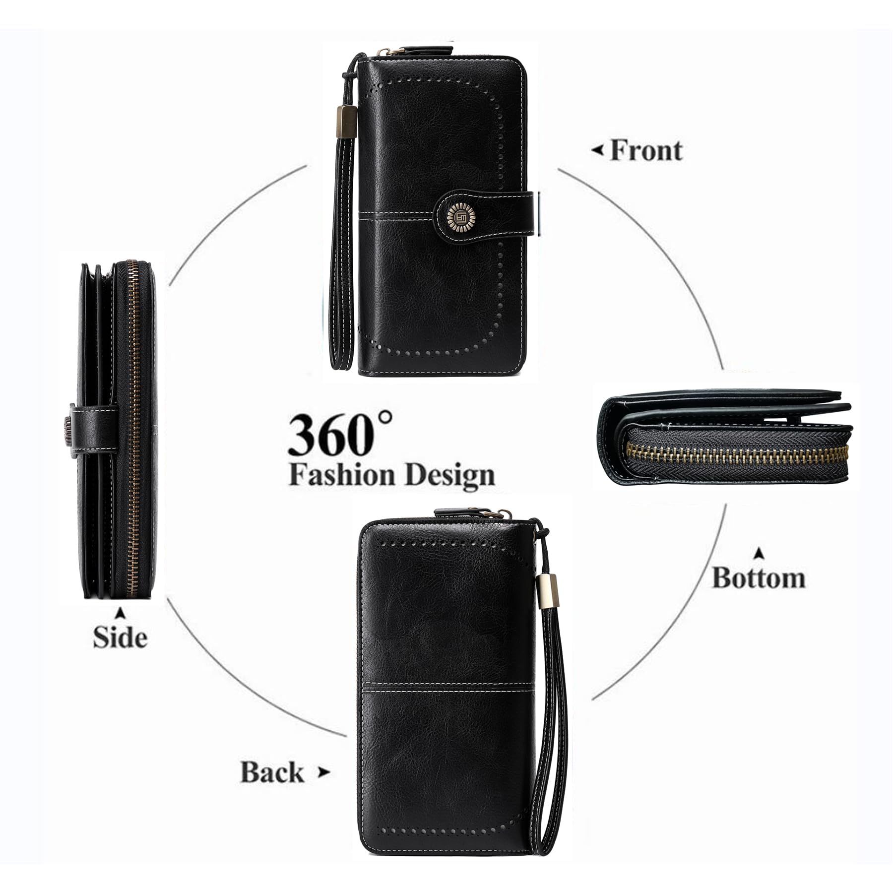 Women Fashion Zip Around Wallet Large Capacity Long Purse Credit Card Phone Holder Clutch with RFID Blocking and Wristlet (Black) — image 3