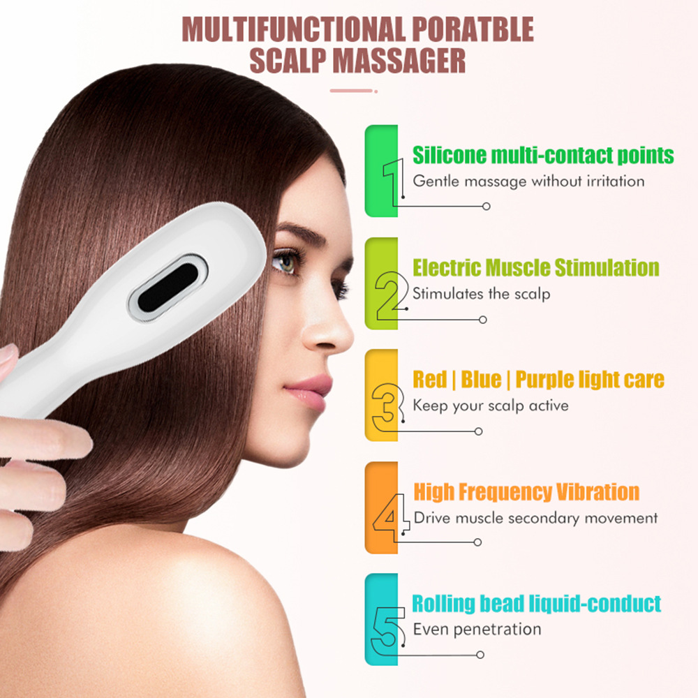 White Porrtable EMS Vibration Scalp Massager & Hair Growth Comb - Tri-Color LED Therapy, 8 Gentle Comb Teeth | 6 EMS Teeth | 6 Essence-Dispensing Teeth for — image 3