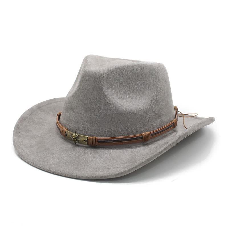 Gray Unisex Faux Suede Western Cowboy Hat - Wide Brim Vintage Fedora for Outdoor Travel, M(57-58cm)